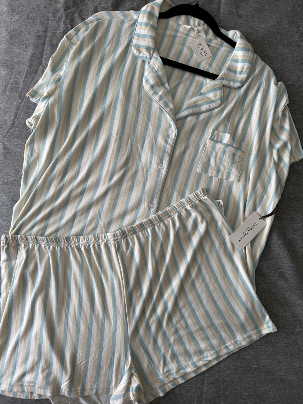 Laura Ashley - Oh So Soft Women's Cream & Light Blue Striped Short Pajama Set